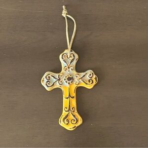 Gold and Light Blue Ceramic Cross Ornament